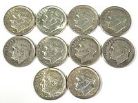 Obverse view showing the profile of President Franklin D. Roosevelt on each dime, dates ranging from the 1940s to 1960s.