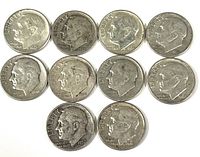 Front sides of 10 Roosevelt dimes, showing Roosevelt's left-profile portrait with visible years from 1940s to 1960s.