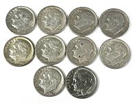 Front side view of 10 Roosevelt dimes arranged showing obverse side with President Roosevelt profile and visible mint years.