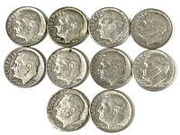 Ten silver Roosevelt dimes front side, showing Roosevelt profile and mint years between 1949 and 1969, in circulated condition