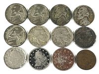 Obverse side of 12 nickels and 1 penny showing various profiles including Jefferson, Native American, Liberty, and Indian Head.