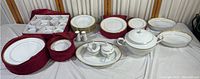Image showing the entire collection including multiple plate sizes, shallow bowls, coffee cups, saucers, a covered soup tureen, and salt and pepper shakers on a white tablecloth.