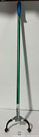 Full view of the grabbing tool showing the long green shaft with a blue grip and metal claw at the end.