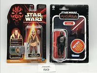 Two Star Wars figure packages side by side: Ric Olie 1998 Episode I in original packaging and Marrok 2023 Kenner retro style figure in Ahsoka series packaging.