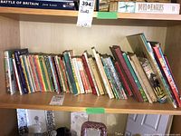 Full bookshelf view showing multiple vintage children's books arranged in two rows.