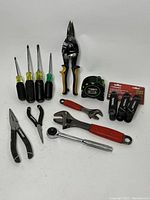 Photo showing all tools including screwdrivers, pliers, adjustable wrenches, tin snips, ratchet, tape measure and hex key set.