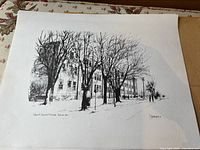 Black and white etching print showing Kingston school building along a street with bare trees in front, signed and dated 1974 by F. Schoenberger.