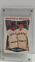 Front view of the 1960 Topps Master & Mentor baseball card featuring Willie Mays and Bill Rigney in plastic protective casing.
