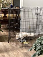 Metal wire dog boundary pen setup indoors with a dog lying inside on a dog bed, comfort toys visible.