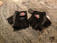 Pair of black fingerless weightlifting gloves laid on carpeted floor, showing leather palms and mesh backs.