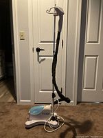 Full view of Tobi standing garment steamer against door background, showing base with water tank, adjustable pole, flexible hose, and steam head.