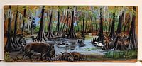 Full view of the oil painting on block wood showing a swamp scene with wild boars and piglets near the water with trees in the background.