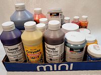 Overall view of assorted artist paints in a blue cardboard tray, displaying Crayola and Liquitex brands and multiple colors.