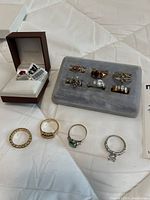 Overview of all eleven rings displayed on white cloth including one in box, seven on pad, and four front row