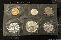 Photo showing front view of 1960 US proof-like coin set with three coins in upper row and three inserts below in sealed Philadelphia Mint plastic packaging.