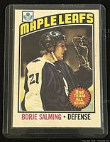 Front of 1976-77 O-Pee-Chee Borje Salming Toronto Maple Leafs NHL hockey trading card showing player image and team info