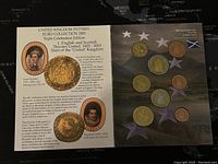 Photo showing the UK Pattern Euro Collection 2003 informational card with historical details about Queen Elizabeth I and the start of the United Kingdom period, alongside arrangement of eight prototype coins on a star-themed card.