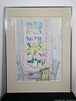 Full view of one framed watercolor painting depicting a floral interior scene with chairs, table, and window with curtains.