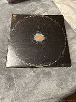 Photo of a black vinyl album cover with a central blue and orange Chicago logo, showing circular wear marks and edge damage
