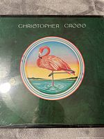 Front cover of Christopher Cross LP with flamingo standing on one leg in a circular border on green background.