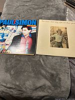 Two Paul Simon vinyl records placed side by side on a grey surface, showing the covers of 'Hearts and Bones' and 'Still Crazy After All These Years'.
