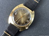 Front angled view showing gold-tone case, gradient dial, applied markers, and black strap.