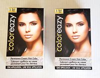 Front view of two boxes of Coloreazy Permanent Cream Hair Color #1 Black, showing product branding and image of a model.