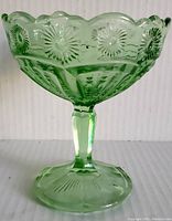 Front view of green Depression glass stemmed bowl showing scalloped edge and raised sunburst patterns on bowl.