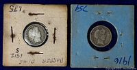 Both 1912 and 1916 Barber dimes preserved in protectors, showing obverse side with Liberty profile.
