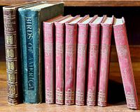 Full view of nine antique books featuring The Illustrated War News, Birds of America, and the seven-volume set of The Book of Knowledge on a wooden surface.