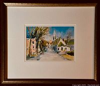 Framed watercolour painting view, showing full artwork and mat with gold-tone frame