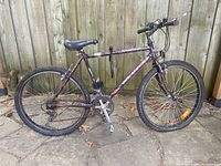 Full side view of the purple Dynatech mountain bike showing frame, tires, seat, handlebars, and pedals.