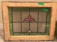 Full view of stained glass panel showing overall design, metal framing and wooden frame with size labels (12.5 x 17.5 inches)