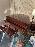 Closed lid overview showing entire piano and bench from front-left angle