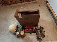 Lot overview showing cardboard box with bocce balls, football helmet, tins, roller skates