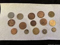 Full group of 14 diverse coins laid out on white paper towel showing size and color variety.