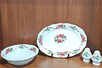 Set of Christmas china serving pieces showing bowl, platter, and salt and pepper shakers with poinsettia design on wood background.