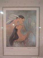 Close-up of the artwork featuring two stylized figures in profile with a muted, earthy color palette and signature 'Ioyan Mani' visible.