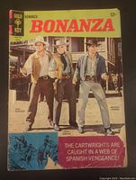 Front cover showing the full comic front panel with title, characters Dan Blocker, Lorne Green, Michael Landon, and text about the story.