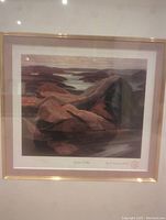 Front view of the framed Franklin Carmichael 'Grace Lake' art print showing rocky lake scene with muted natural colors.
