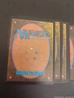 Back view of Magic the Gathering cards showing the distinct card back design with 'Magic the Gathering' and 'Deckmaster' text.