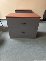 Front view of grey filing cabinet with wood top showing two drawers and handles.