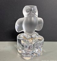 Front view of frosted crystal owl paperweight on clear base
