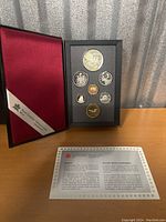 Full view of the Royal Canadian Mint coin set with red velvet-lined presentation box and certificate of authenticity on wooden surface.