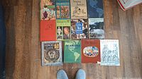 Overview photo showing all 11 hardcover books arranged on a wooden floor, titles clearly visible including multiple history, geography, and cultural education themes.
