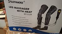 Image of product packaging showing Slothmore leg massager with heat, model HY-1129 with product features and image of device.