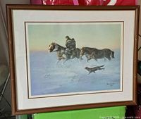 Framed limited edition print showing Native Canadian rider on horse, dog, and another horse in a wintery field scene.