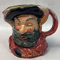 Close-up front view of the Royal Doulton Toby jug showing detailed face and hat of Sir John Falstaff.