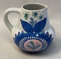 Front and side view of the Royal Copenhagen ceramic pitcher showcasing the blue and pastel floral design, wide handle, and spout.