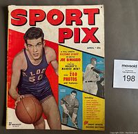 Front cover showing basketball player Ed Macauley and promotional text for Joe DiMaggio picture story and Rocket Richard article.